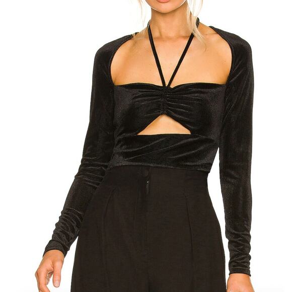 AFRM Top Womens XS Black Adria Velvet Long Sleeve Crop Drawstring Ruched Shirt - Picture 1 of 9
